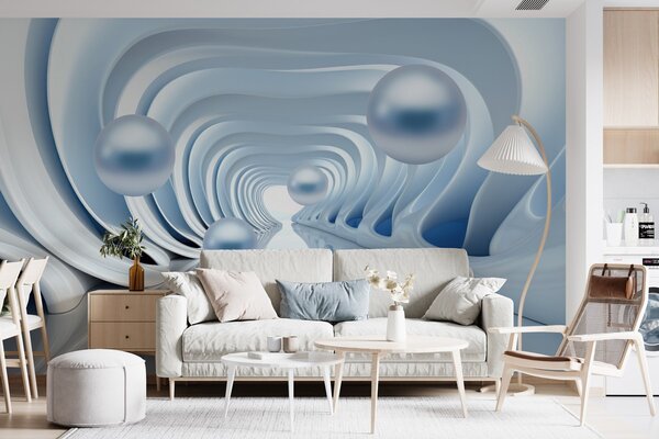 Fototapety Futuristická tapeta s panoramatem tunelu v perspektivě a létajícími, Fototapety 3D, Fototapety 3d geometrické tvary, w02134 : uwalls.cz