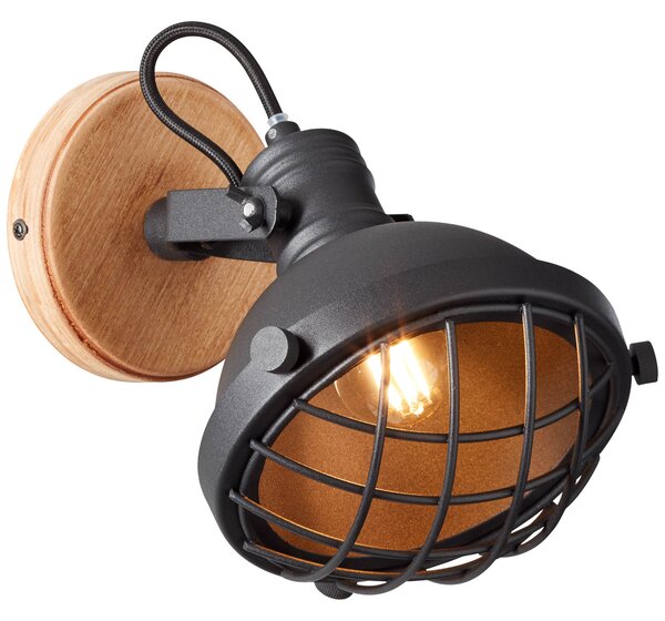 Brilliant 96881/86 EMMA - Industriální lampa na zeď v černém provedení 1 x E14 (Černé nástěnné svítidlo bez vypínače s dřevěným prvkem)