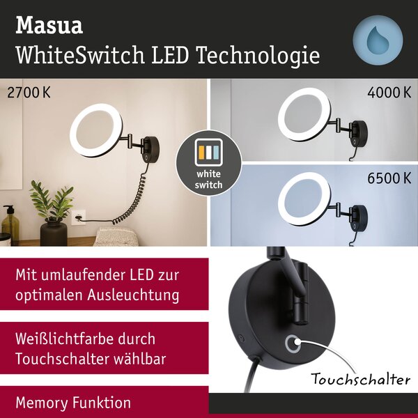 Paulmann 71149 Masua, osvětlené kosmetické zrcátko 3xzoom, LED4W 2700/400/6500, matná černá