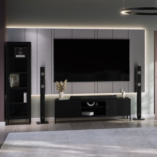 Černá skleněná vitrína do obývacího pokoje z kovu na nožkách LUIGI Modern 500 x 1800 x 350 mm