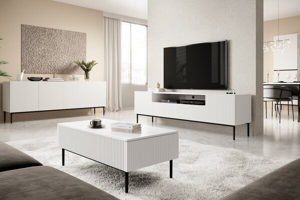 Moderní komoda Nicole 200 cm se čtyřmi dveřmi a ryhovaným čelem - bílý mat / černé nohy