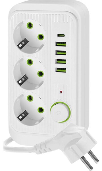 Rozbočovací zásuvka s vypínačem LINEA 3x230V + 5xUSB A/C SCHUKO 1,5 m bílá