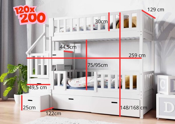 Patrová postel se schody 200x90 cm - různé barvy Barva: bílá, Velikost matrace: 200x90 cm, Strana schodů: levá