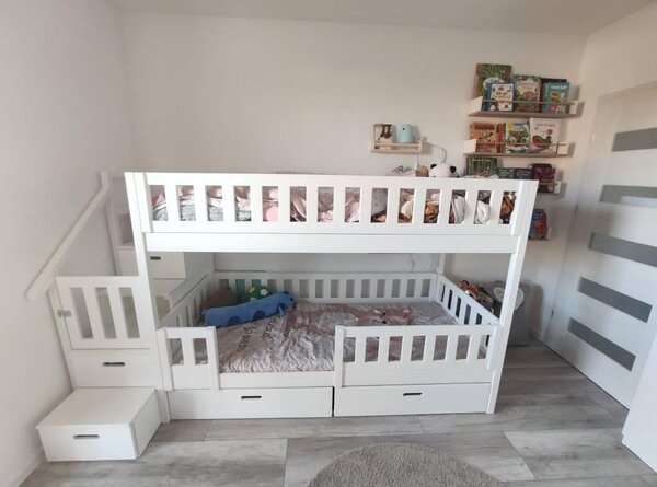 Patrová postel se schody 200x90 cm - různé barvy Barva: bílá, Velikost matrace: 200x90 cm, Strana schodů: levá
