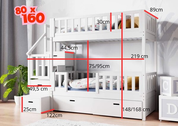 Patrová postel se schody 200x90 cm - různé barvy Barva: bílá, Velikost matrace: 200x90 cm, Strana schodů: levá