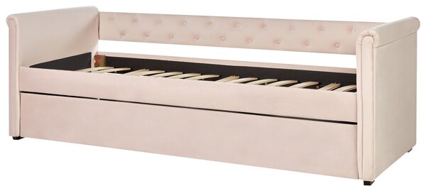 Rozkládací postel Umělý samet LIBOURNE 90 x 200 cm Pastelově růžová