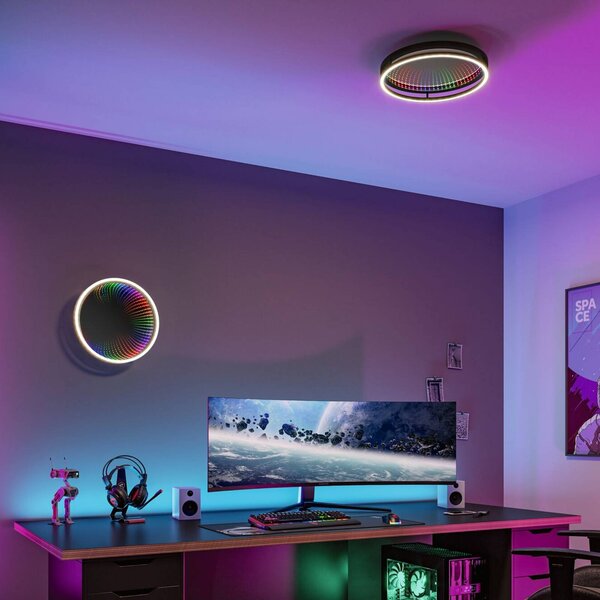 Paulmann LED stropní svítidlo Spaceglow One s diodami, černé, Ø 39 cm, RGBW, stmívatelný, Černá, Chodba, Plast, Moderní