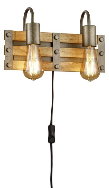 Trio Leuchten 205570267 KHAN - Retro nástěnné svítidlo s kabelem do zásuvky 2 x E27 (Retro nástěnná dvoužárovková lampa s dřevěným prvkem )