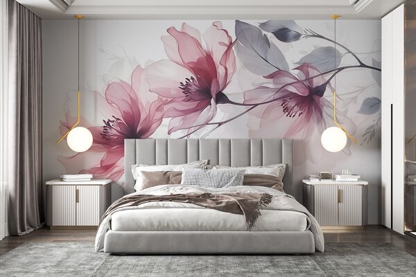 Fototapety Jemné průhledné růžové a šedé květy s jemnými, rozmazanými okvětními lístky na, Fototapety les, Fototapety stromy, w08429 : uwalls.cz