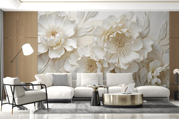 Fototapety Elegantní objemné květy imitace bílé pivoňky s jemnými okvětními lístky a pastelově žlutými, Fototapety květiny, w08431 : uwalls.cz