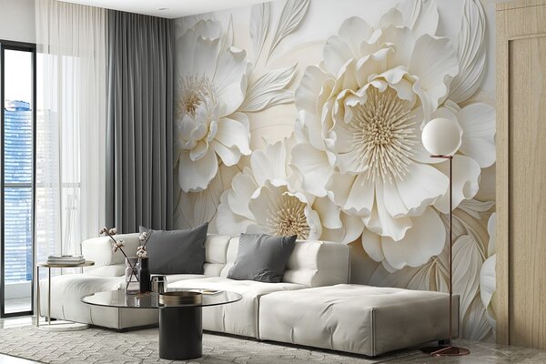 Fototapety Elegantní objemné květy imitace bílé pivoňky s jemnými okvětními lístky a pastelově žlutými, Fototapety květiny, w08431 : uwalls.cz