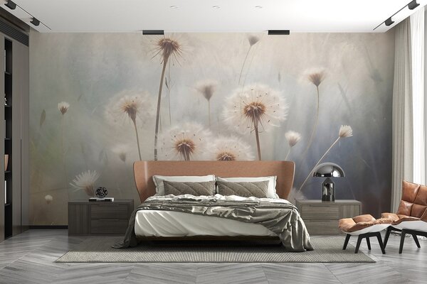 Fototapety Měkce zaostřené květy pampelišek v poli s rozmazaným pastelově zbarveným texturovaným pozadím, Fototapety květiny, w08432 : uwalls.cz