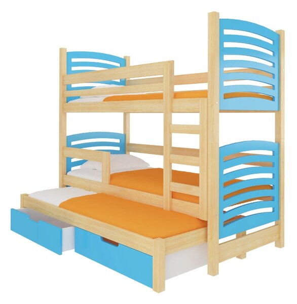 Patrová postel s přistýlkou a úložným prostorem 75x180 FASRIA - borovice / modrá