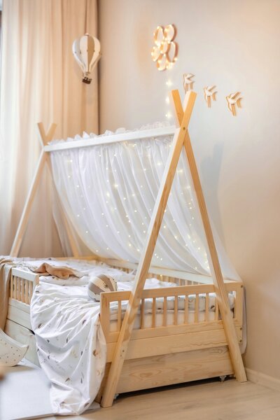 Dětská postel Teepee 140x80 cm s šuplíkem, přírodní Úchyt šuplíku: frézovaný, Počet šuplíků: 2 šuplíky, Délka zábrany: do 1/2 postele