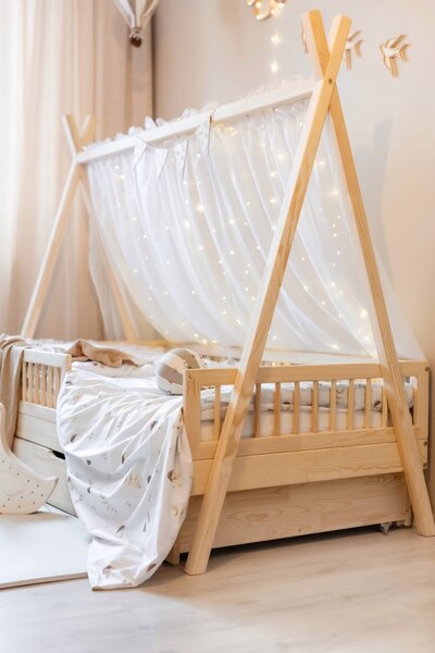 Dětská postel Teepee 140x80 cm s šuplíkem, přírodní Úchyt šuplíku: frézovaný, Počet šuplíků: 2 šuplíky, Délka zábrany: do 1/2 postele