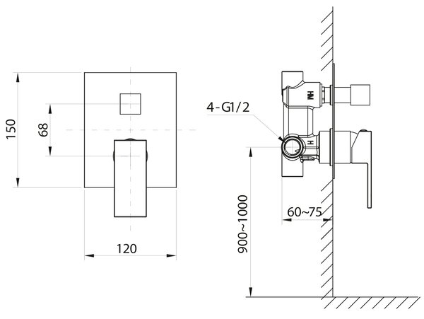 Sapho Sapho, CUBEMIX podomítková sprchová baterie, 2 výstupy, černá mat, CM042B