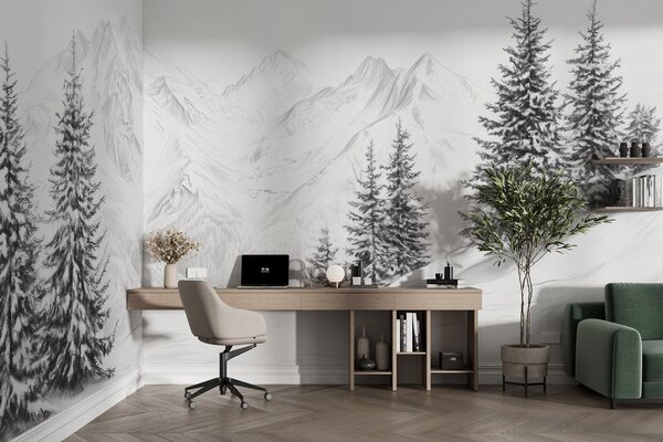 Fototapety Zasněžené hory, kresba tužkou, minimalismus, les, příroda, Fototapety příroda, w02351 : uwalls.cz