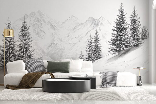 Fototapety Zasněžené hory, kresba tužkou, minimalismus, les, příroda, Fototapety příroda, w02351 : uwalls.cz