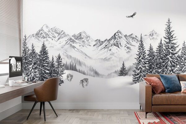 Fototapety Zimní hory, sněžní levharti, borový les, kresba tužkou, letící orel, Fototapety příroda, w02360 : uwalls.cz