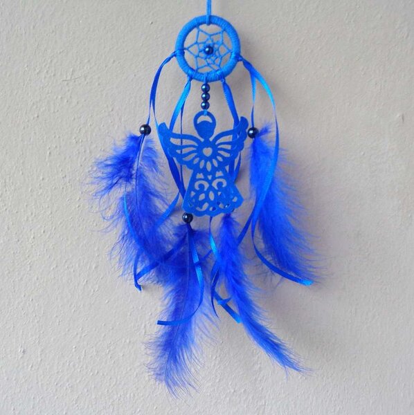 Filcové šití, Lapač snů modrý s andílkem, průměr 4 cm, 0412