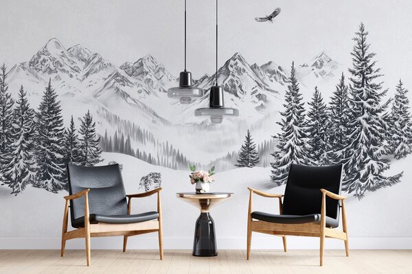 Fototapety Zimní hory, sněžní levharti, borový les, kresba tužkou, letící orel, Fototapety příroda, w02360 : uwalls.cz