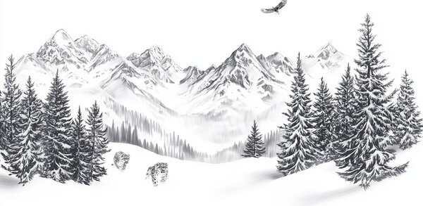 Fototapety Zimní hory, sněžní levharti, borový les, kresba tužkou, letící orel, Fototapety příroda, w02360 : uwalls.cz