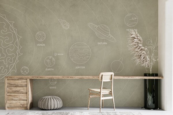 Fototapety Sluneční soustava v minimalistickém stylu na chladném béžovém texturovaném pozadí, Fototapety space, w02344 : uwalls.cz