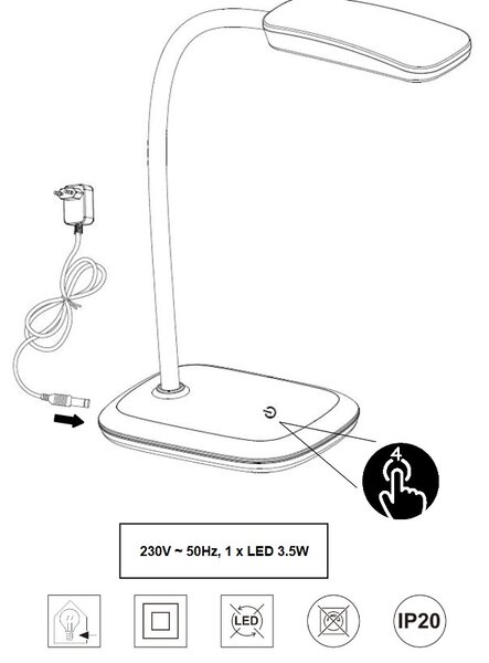 Trio Leuchten R52431101 BOA - LED dotykem stmívatelná stolní lampička - Bílá (Stolní lampička s dotykovým stmíváním a husím krkem)