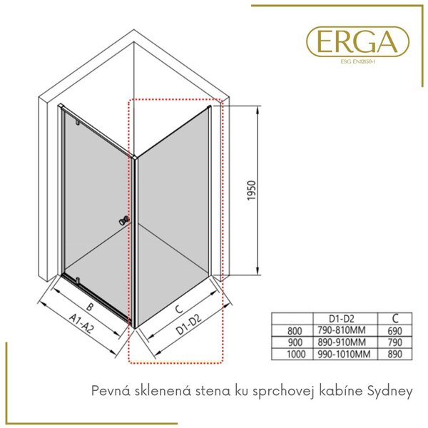 Erga Sydney, pevná stěna pro sprchový kout 80x195 cm, 6mm čiré sklo, černý profil, ERG-V02-SYDNEY-G080-BK