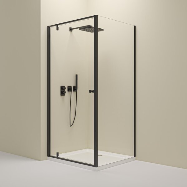 Erga Sydney, sprchový kout s 1-křídlými dveřmi 80(dveře) x 80(stěna) x 195 cm, 6mm čiré sklo, černý profil, ERG-V02-SYDNEY-D080G080-BK