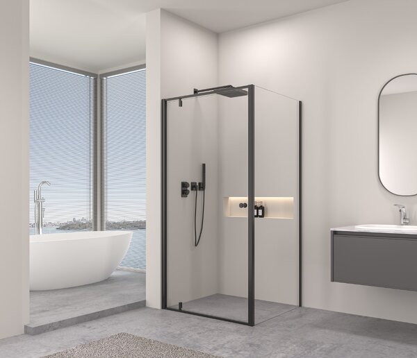Erga Sydney, sprchový kout s 1-křídlými dveřmi 80(dveře) x 80(stěna) x 195 cm, 6mm čiré sklo, černý profil, ERG-V02-SYDNEY-D080G080-BK