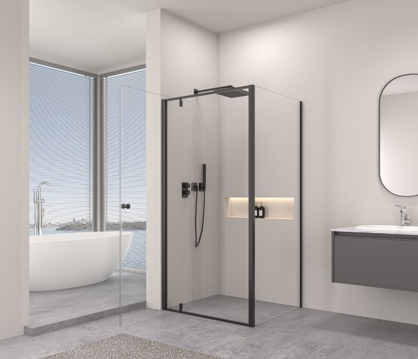 Erga Sydney, sprchový kout s 1-křídlými dveřmi 80(dveře) x 80(stěna) x 195 cm, 6mm čiré sklo, černý profil, ERG-V02-SYDNEY-D080G080-BK
