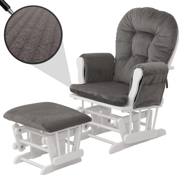 Relaxaní křeslo HWC-C76, houpací křeslo houpací křeslo s taburetem tkanina kord 320g/m² Oeko-Tex tmav edý rám bílý