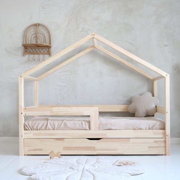 Domečková postel Housebed - rovná zábrana 100x200 cm Barva: přírodní, Úchyt šuplíku: šňůrky