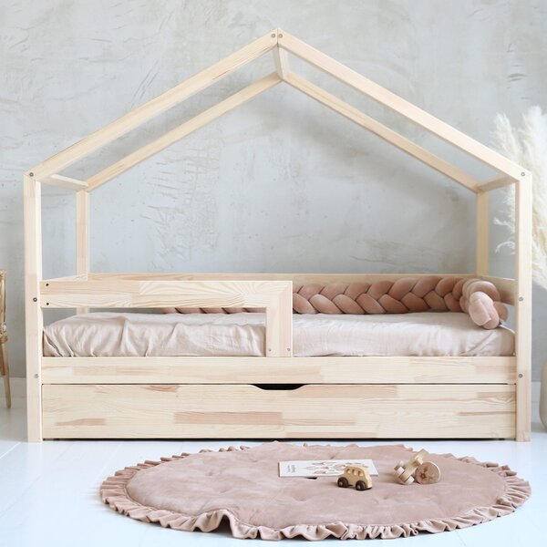 Domečková postel Housebed - rovná zábrana 100x200 cm Barva: přírodní, Úchyt šuplíku: šňůrky