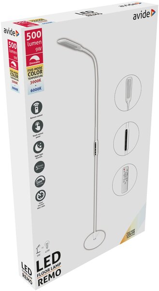 AVIDE REMO FLOOR WHITE - LED stojací čtecí lampa s dálkovým ovladačem 180cm, LED 9W, 3000 - 6000K (Stojací lampa s dotykovým panelem a dálkovým ovladačem, husí krk, stmívatelná)