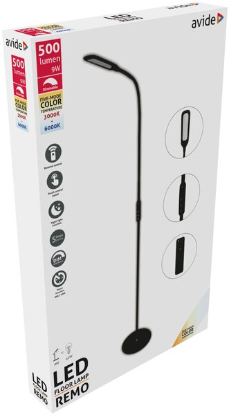 AVIDE REMO FLOOR BLACK - LED stojací čtecí lampa s dálkovým ovladačem 180cm, LED 9W, 3000 - 6000K (Stojací lampa s dotykovým panelem a dálkovým ovladačem, husí krk, stmívatelná)