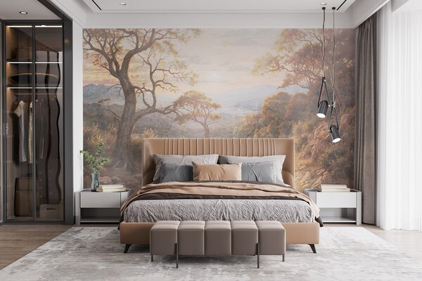 Fototapety Klikatá polní cesta bujným podzimním lesem s vysokými pokroucenými stromy a hřejivým slunečním, Fototapety příroda, w08446 : uwalls.cz