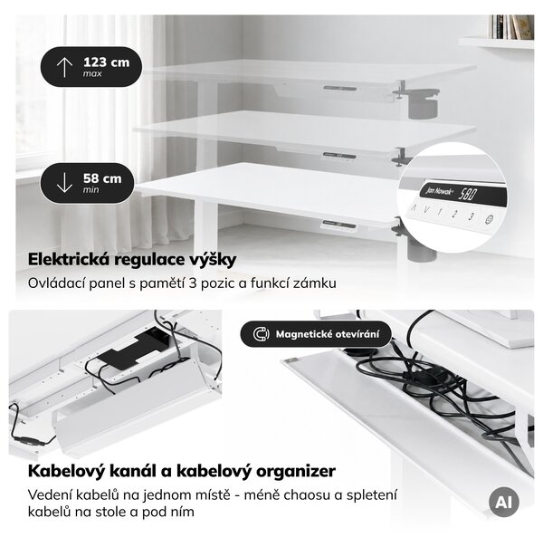 Elektrický stůl s nastavitelnou výškou ergonomický bílý,1200x600 mm: ARIA