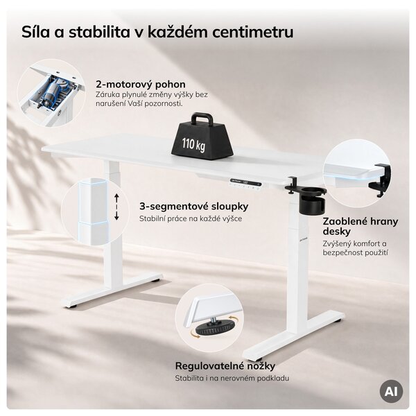 Elektrický stůl s nastavitelnou výškou ergonomický bílý,1400x700 mm: ARIA