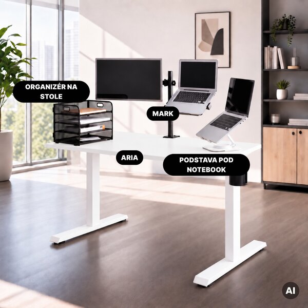 Elektrický stůl s nastavitelnou výškou ergonomický bílý,1200x600 mm: ARIA