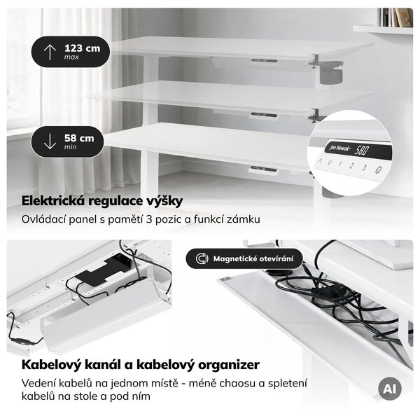 Elektrický stůl s nastavitelnou výškou ergonomický bílý,1400x700 mm: ARIA