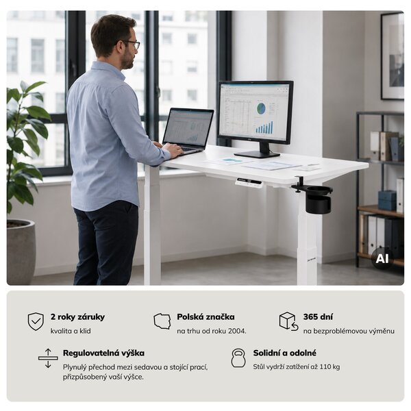Elektrický stůl s nastavitelnou výškou ergonomický bílý,1200x600 mm: ARIA