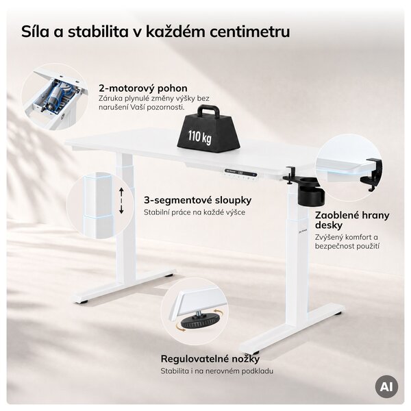 Elektrický stůl s nastavitelnou výškou ergonomický bílý,1200x600 mm: ARIA