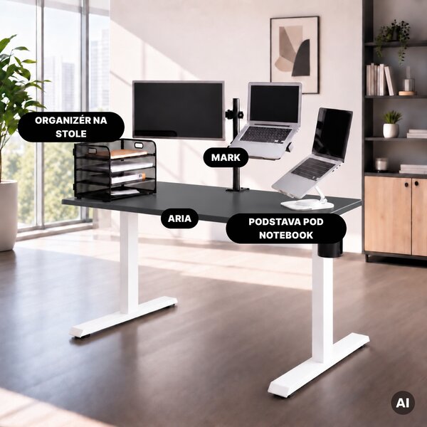Elektrický stůl s nastavitelnou výškou ergonomický bílo-antracitový,1200x600 mm: ARIA
