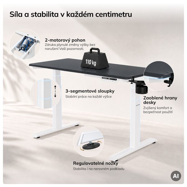 Elektrický stůl s nastavitelnou výškou ergonomický bílo-antracitový,1200x600 mm: ARIA