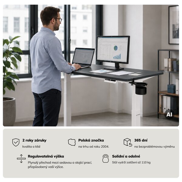 Elektrický stůl s nastavitelnou výškou ergonomický bílo-antracitový,1200x600 mm: ARIA