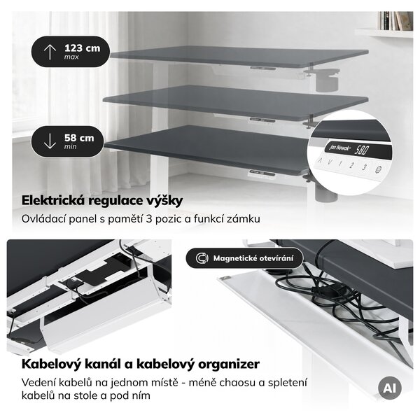 Elektrický stůl s nastavitelnou výškou ergonomický bílo-antracitový,1200x600 mm: ARIA