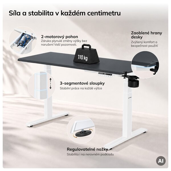 Elektrický stůl s nastavitelnou výškou ergonomický bílo-antracitový,1400x700 mm: ARIA