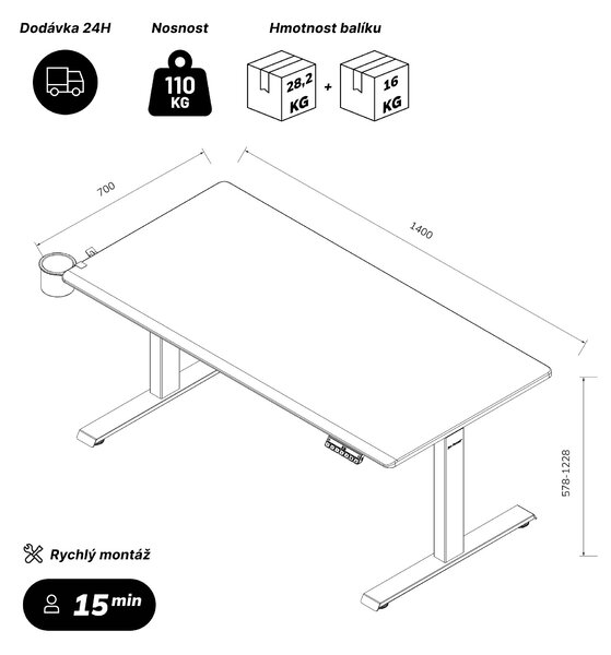 Elektrický stůl s nastavitelnou výškou ergonomický bílo-antracitový,1400x700 mm: ARIA